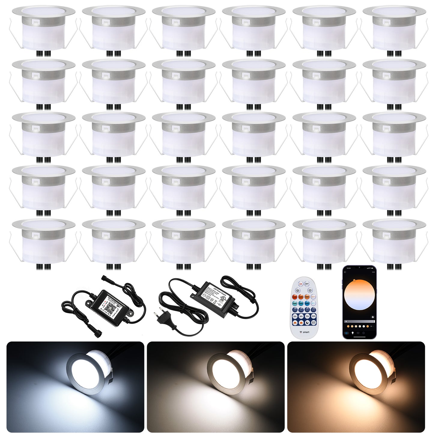 FVTLED LED Deck Lights Kit D45 Φ1.77" Low Voltage WiFi Smart Recessed RGB RGBW Warm White Deck Lighting with App/Voice Control, Waterproof IP67 Landscape In Ground Lighting for Outdoor Stairs Steps Floor Decor, Black / Silver