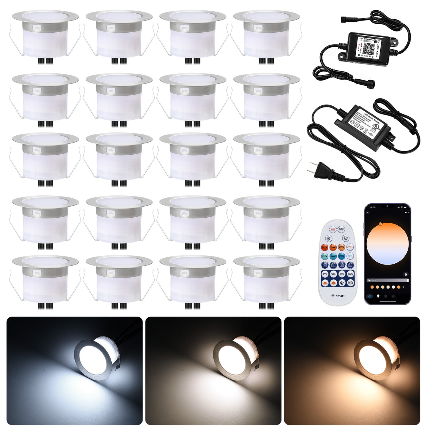 FVTLED LED Deck Lights Kit D45 Φ1.77" Low Voltage WiFi Smart Recessed RGB RGBW Warm White Deck Lighting with App/Voice Control, Waterproof IP67 Landscape In Ground Lighting for Outdoor Stairs Steps Floor Decor, Black / Silver