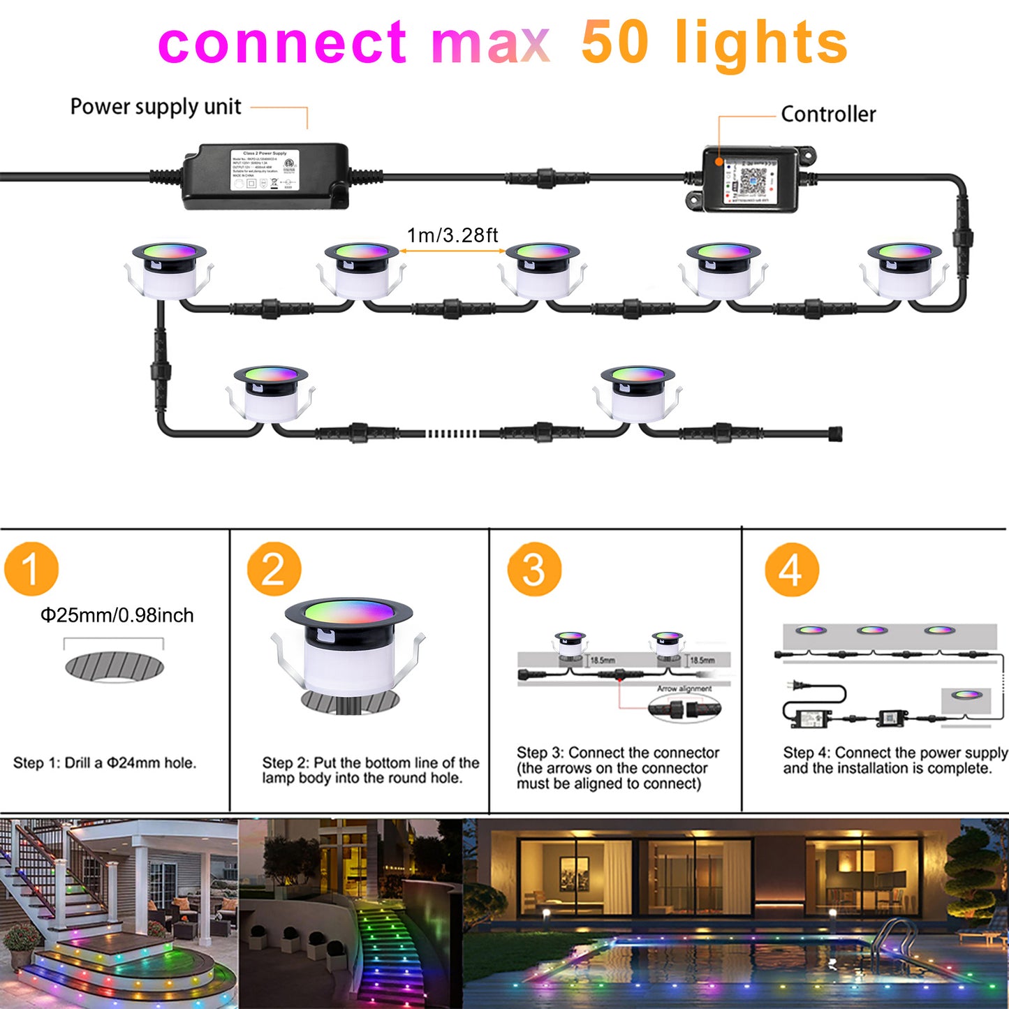 WIFI/Bluetooth 31mm 12V Digital WS2814A IC Pixel Light RGB Symphony Outdoor Christmas Garden Spotlight LED Deck Step Lighting