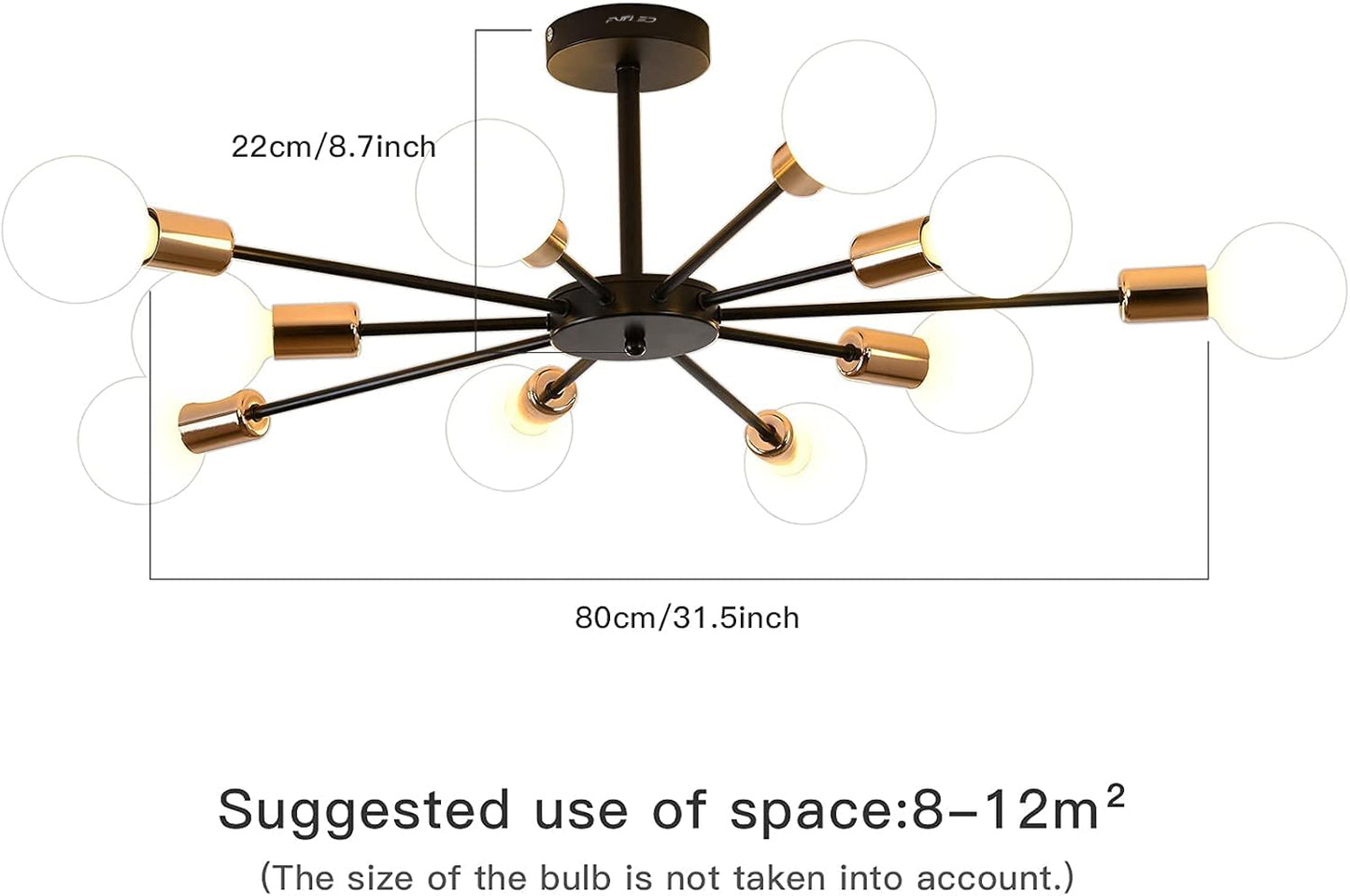 FVTLED 10-Light Semi Flush Mount Light Fixture, Black and Gold Sputnik Ceiling Light, Modern Close to Ceiling Light for Bedroom Kitchen Living Room Entryway Laundry Room
