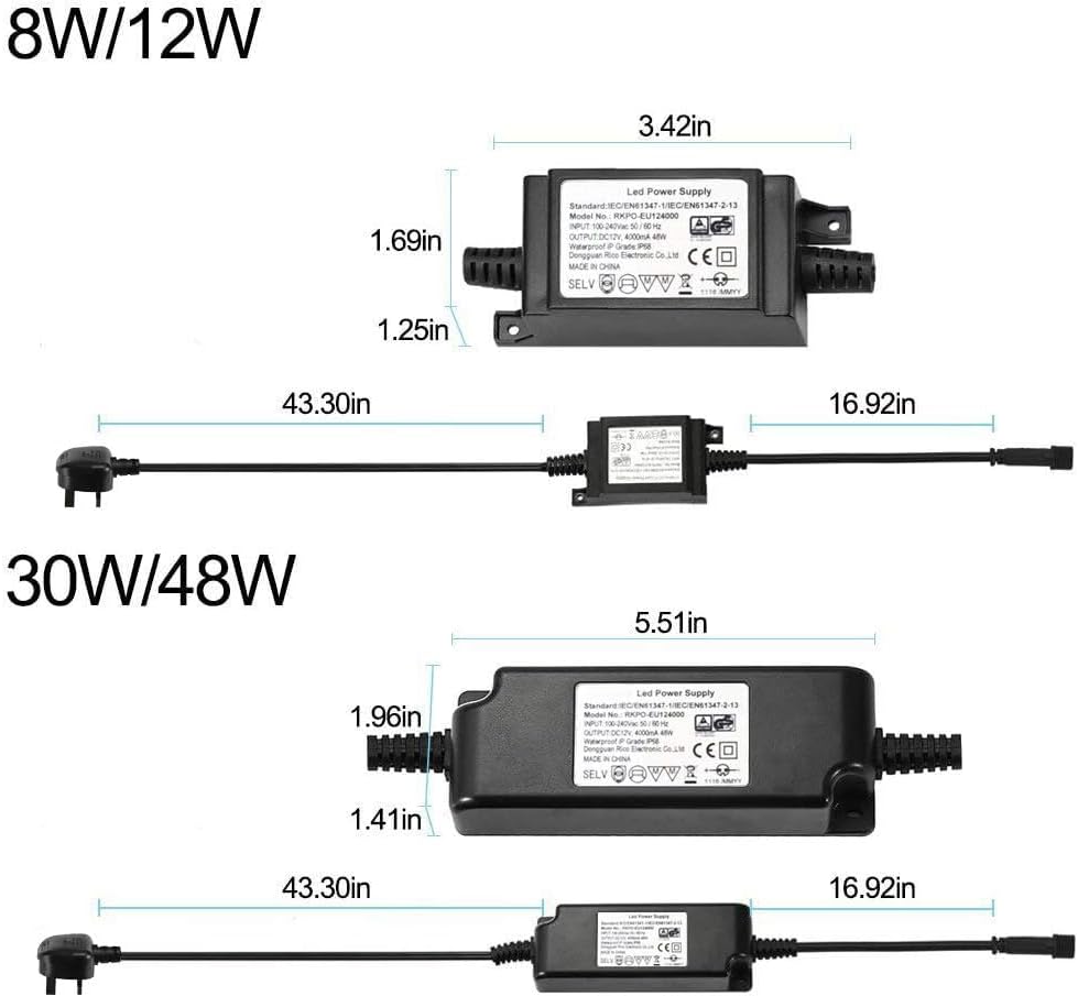 FVTLED Power Adapter, Transformer, Power Supply ETL CE UKCA GS SAA BS Listed DC 12V 8W 12W 30W 48W US AU EU UK Plug Only Suitable for FVTLED LED Deck Lights Kit