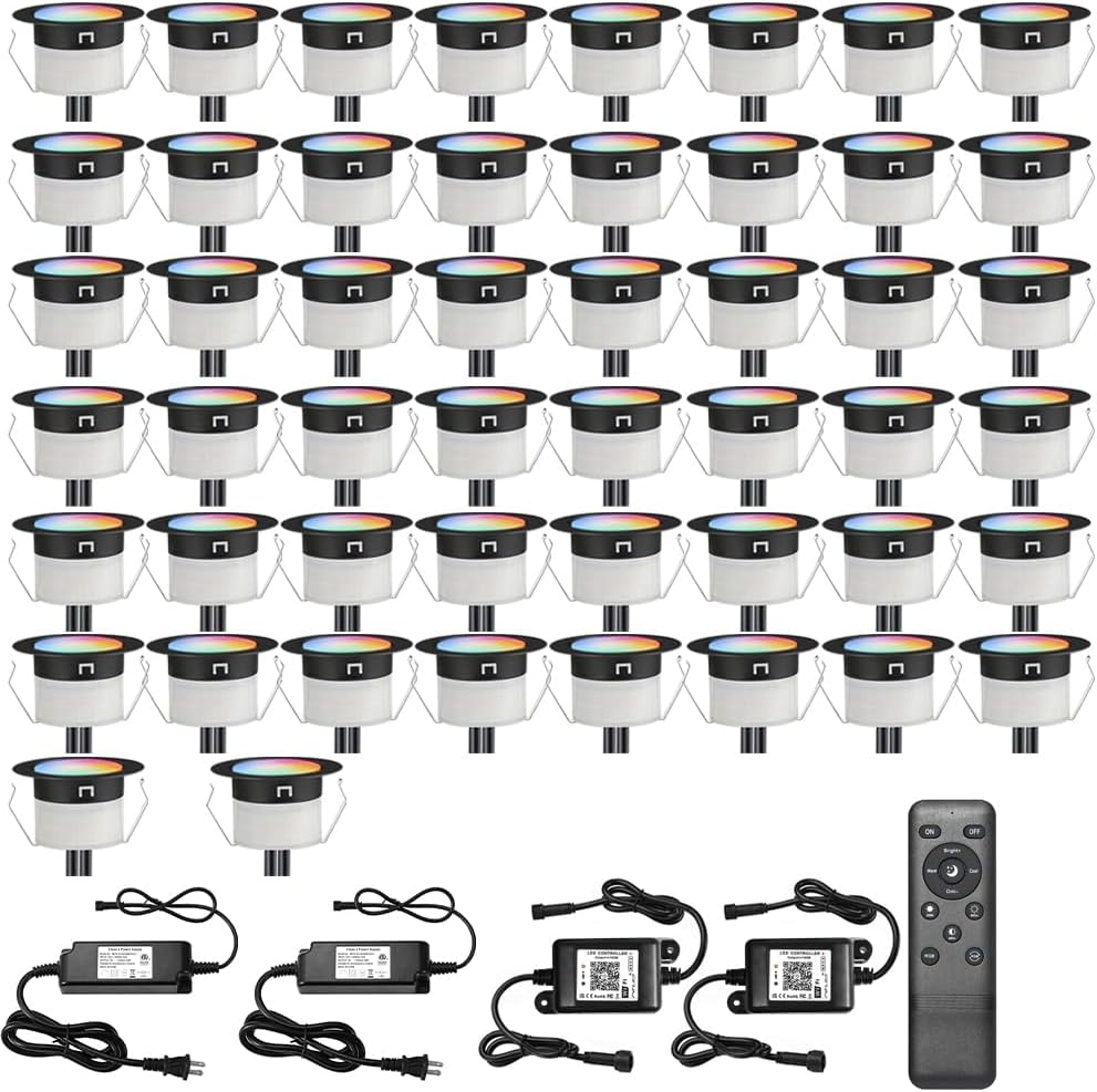 FVTLED LED Deck Lights Kit D45 Φ1.77" Low Voltage WiFi Smart Recessed RGB RGBW Warm White Deck Lighting with App/Voice Control, Waterproof IP67 Landscape In Ground Lighting for Outdoor Stairs Steps Floor Decor, Black / Silver