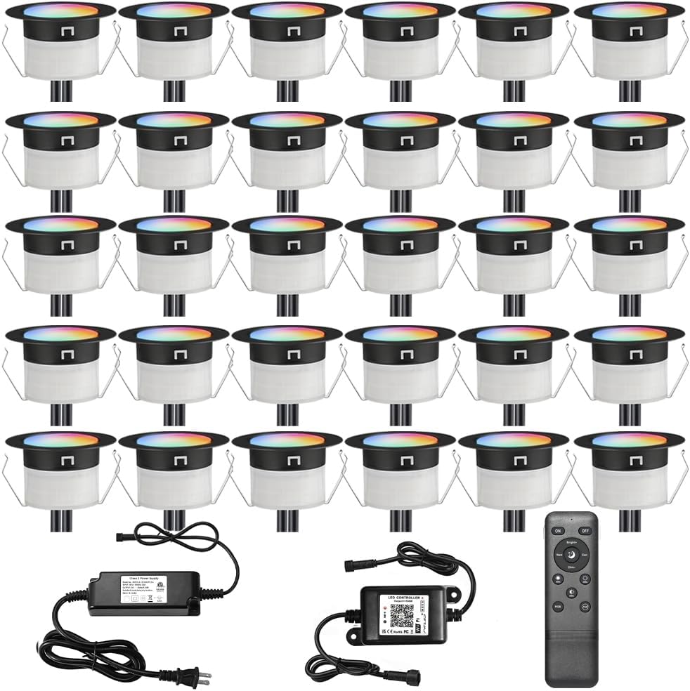 FVTLED LED Deck Lights Kit D45 Φ1.77" Low Voltage WiFi Smart Recessed RGB RGBW Warm White Deck Lighting with App/Voice Control, Waterproof IP67 Landscape In Ground Lighting for Outdoor Stairs Steps Floor Decor, Black / Silver