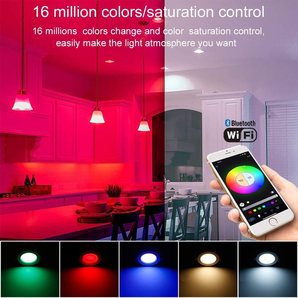 Smart LED Downlights Ceiling Lights Recessed Lighting 3 inch 4 inch, Flush Mount Ceiling Light, Can Lights 5W 9W, RGB Color Changing and 2700-6500K Dimmable CCT Warm White Cool White, for Bedroom, Living Room, Kitchen Lighting Fixtures Ceiling