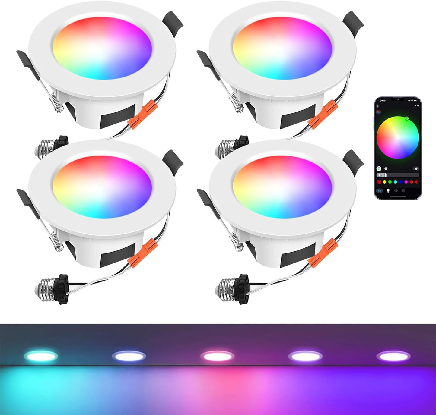 Smart LED Downlights Ceiling Lights Recessed Lighting 3 inch 4 inch, Flush Mount Ceiling Light, Can Lights 5W 9W, RGB Color Changing and 2700-6500K Dimmable CCT Warm White Cool White, for Bedroom, Living Room, Kitchen Lighting Fixtures Ceiling