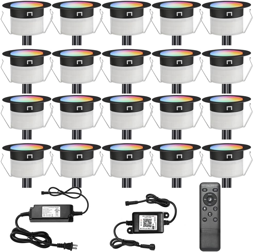 FVTLED LED Deck Lights Kit D45 Φ1.77" Low Voltage WiFi Smart Recessed RGB RGBW Warm White Deck Lighting with App/Voice Control, Waterproof IP67 Landscape In Ground Lighting for Outdoor Stairs Steps Floor Decor, Black / Silver