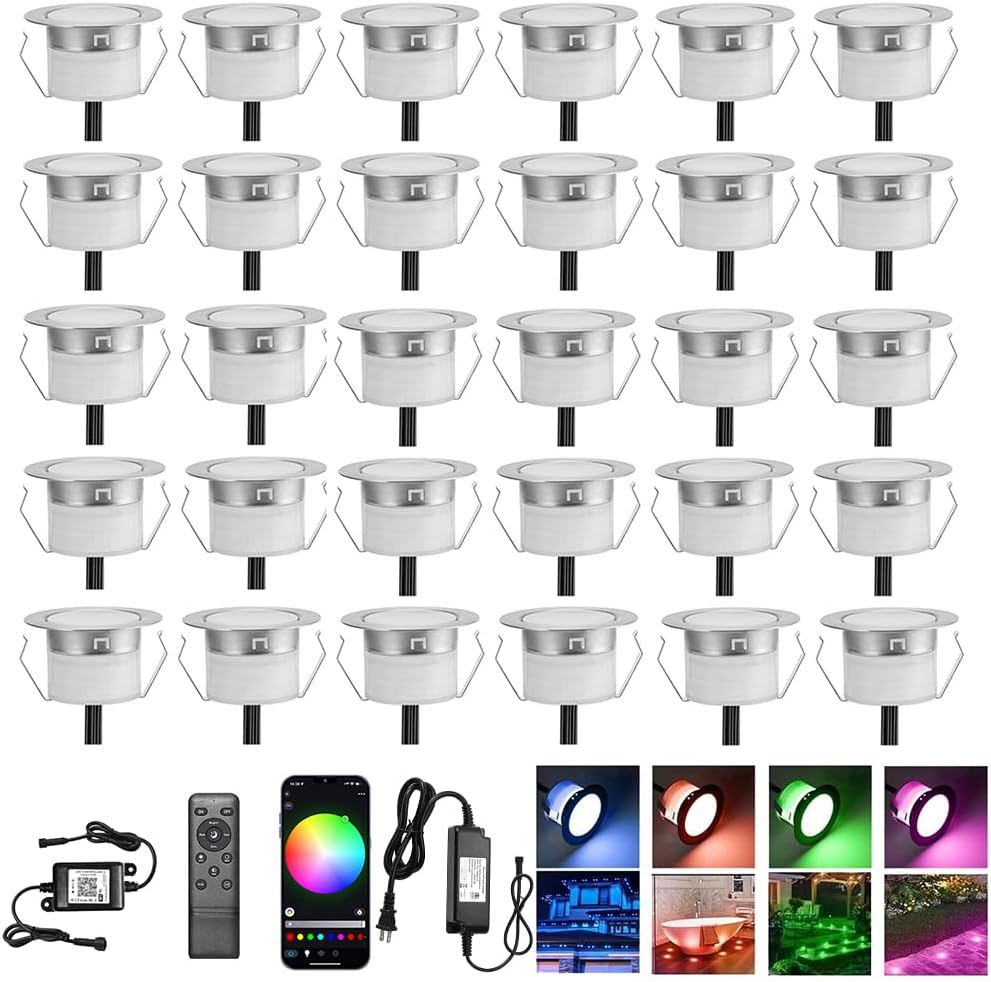 FVTLED LED Deck Lights Kit D45 Φ1.77" Low Voltage WiFi Smart Recessed RGB RGBW Warm White Deck Lighting with App/Voice Control, Waterproof IP67 Landscape In Ground Lighting for Outdoor Stairs Steps Floor Decor, Black / Silver