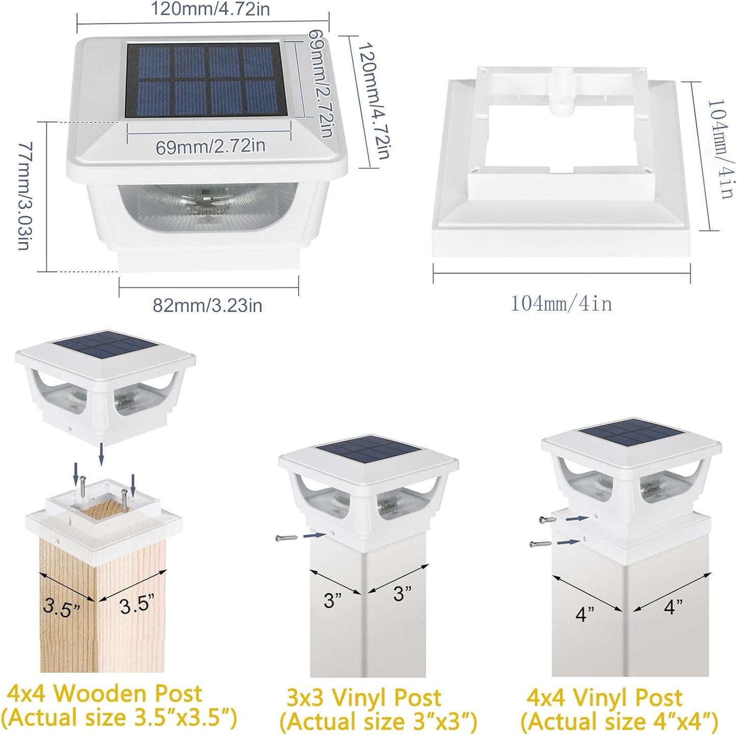FVTLED Solar Post Lights, Outdoor Solar Post Cap Light Fits 4 x 4 Wood, 3x3 & 4x4 PCV/Vinyl Fence Posts Solar Powered Deck Light Warm White Cool White for Garden Yard Railing, IP65 Waterproof, Black / White Shell