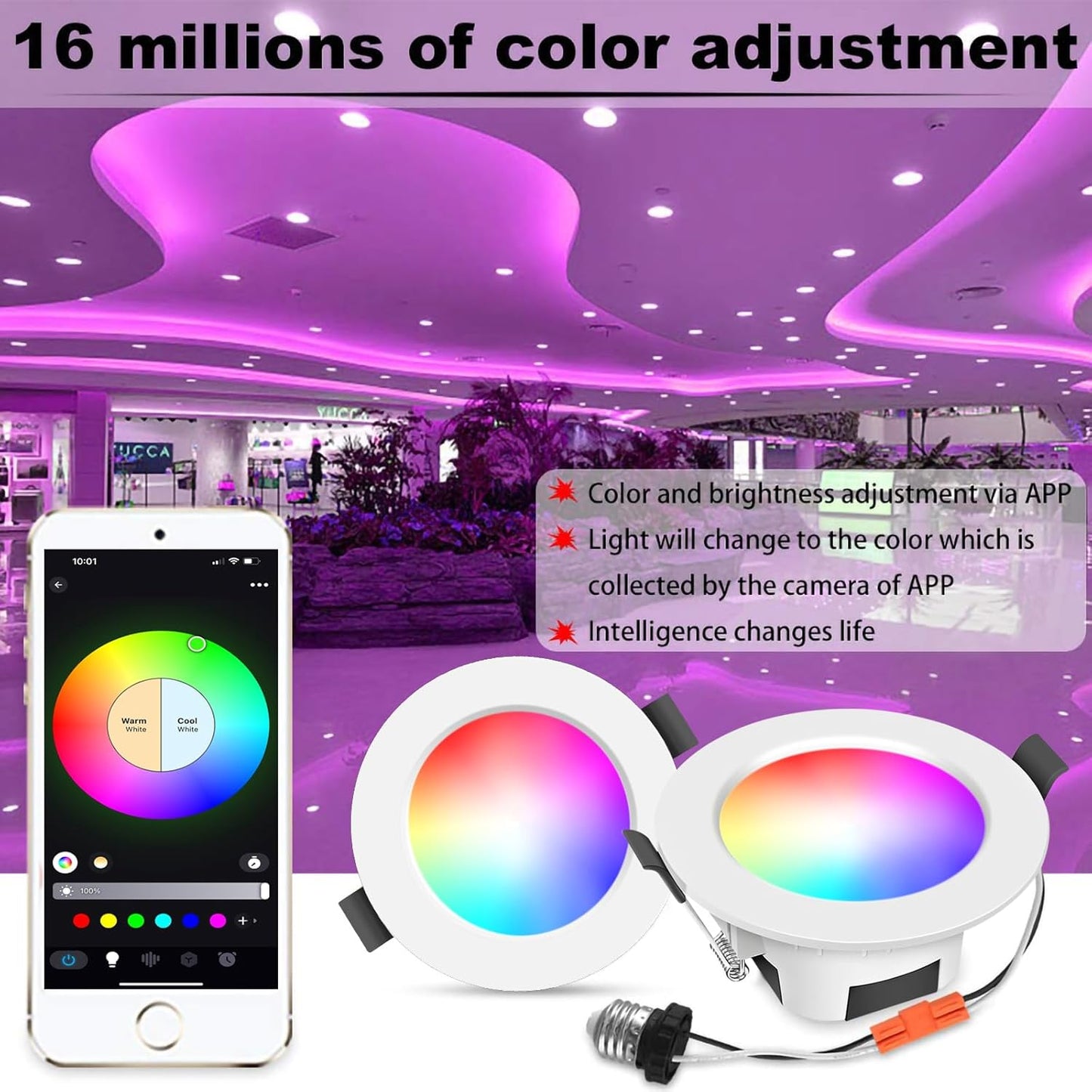 Smart LED Downlights Ceiling Lights Recessed Lighting 3 inch 4 inch, Flush Mount Ceiling Light, Can Lights 5W 9W, RGB Color Changing and 2700-6500K Dimmable CCT Warm White Cool White, for Bedroom, Living Room, Kitchen Lighting Fixtures Ceiling