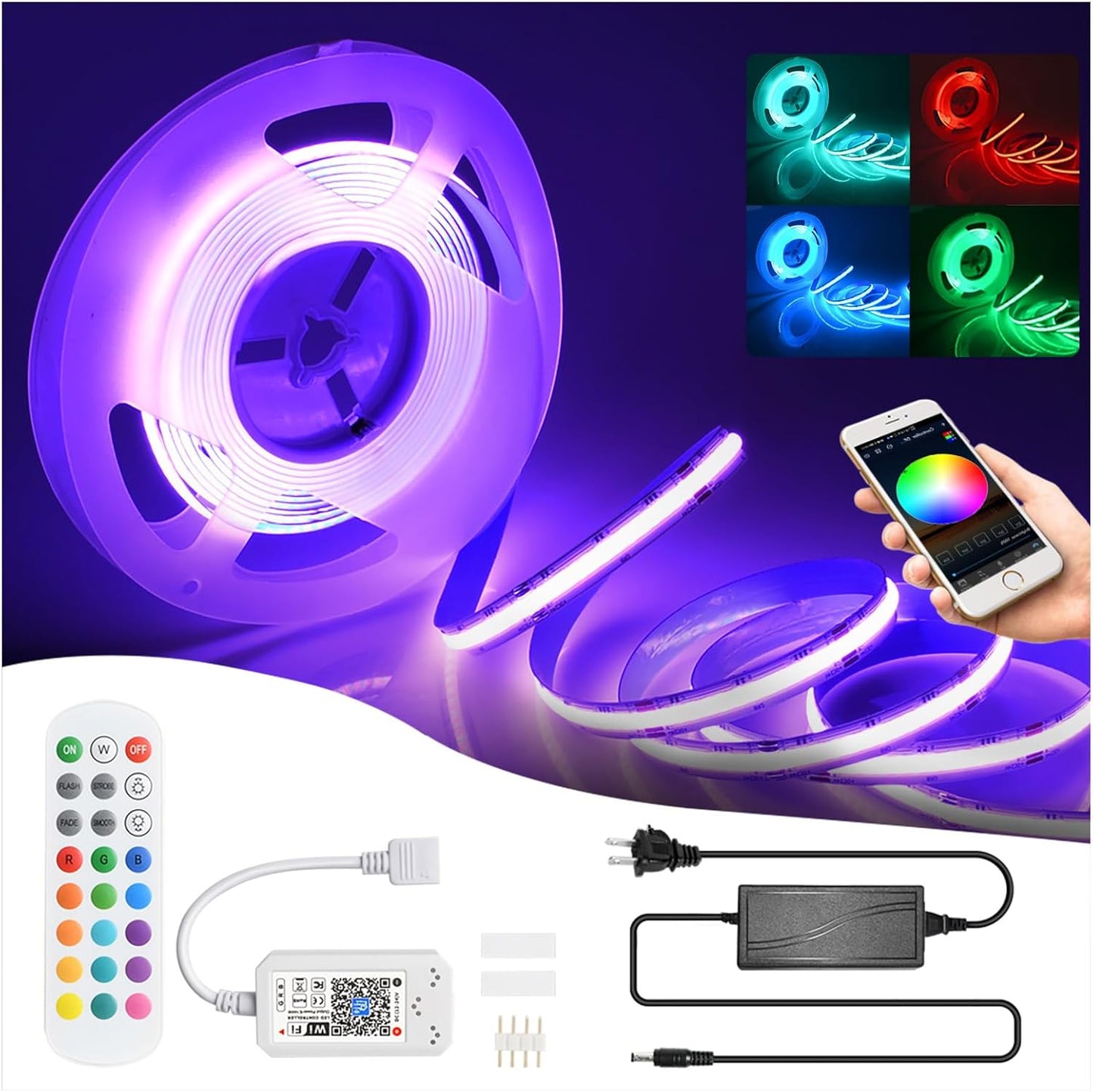 12V/24V RGB RGBW Warm White RGBIC Pixel Colors COB Led Strip Light 16.4ft/5m, 32.8ft/10m, Smart Led Strip Lights Dimmable with APP Control, Music Sync, Alexa/Google Compatible, Flexible Led Tape Light for TV Led Backlight, Room Decor