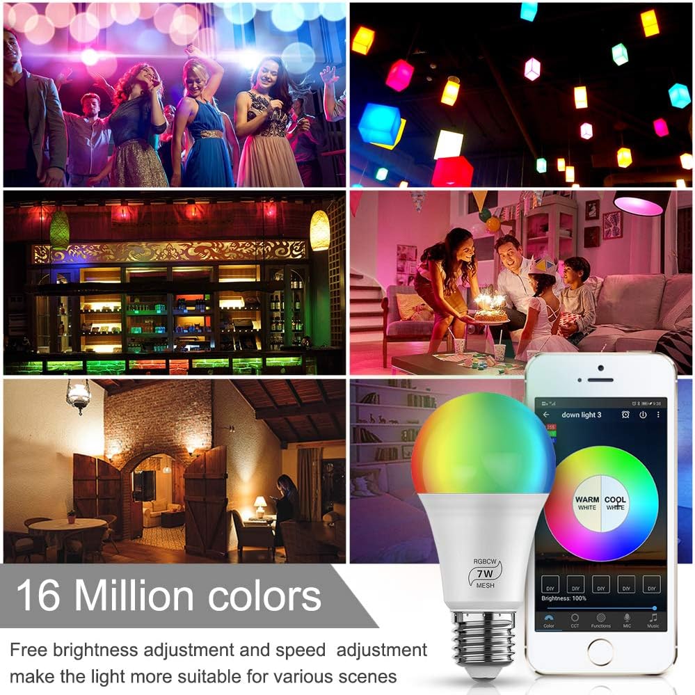FVTLED Smart Light Bulb, 4pcs Bluetooth Mesh RGBCW Dimmable Color Changing LED WiFi Bulbs E26 7W (50W Equivalent) 500LM Multicolored RGB CCT Smart Lighting