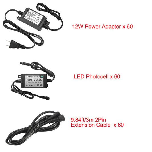 60 of DC 12V 12W Power Adapter,  DC 12V LED Photocell and 9.84ft 3m 2Pin Extension Cable Wire