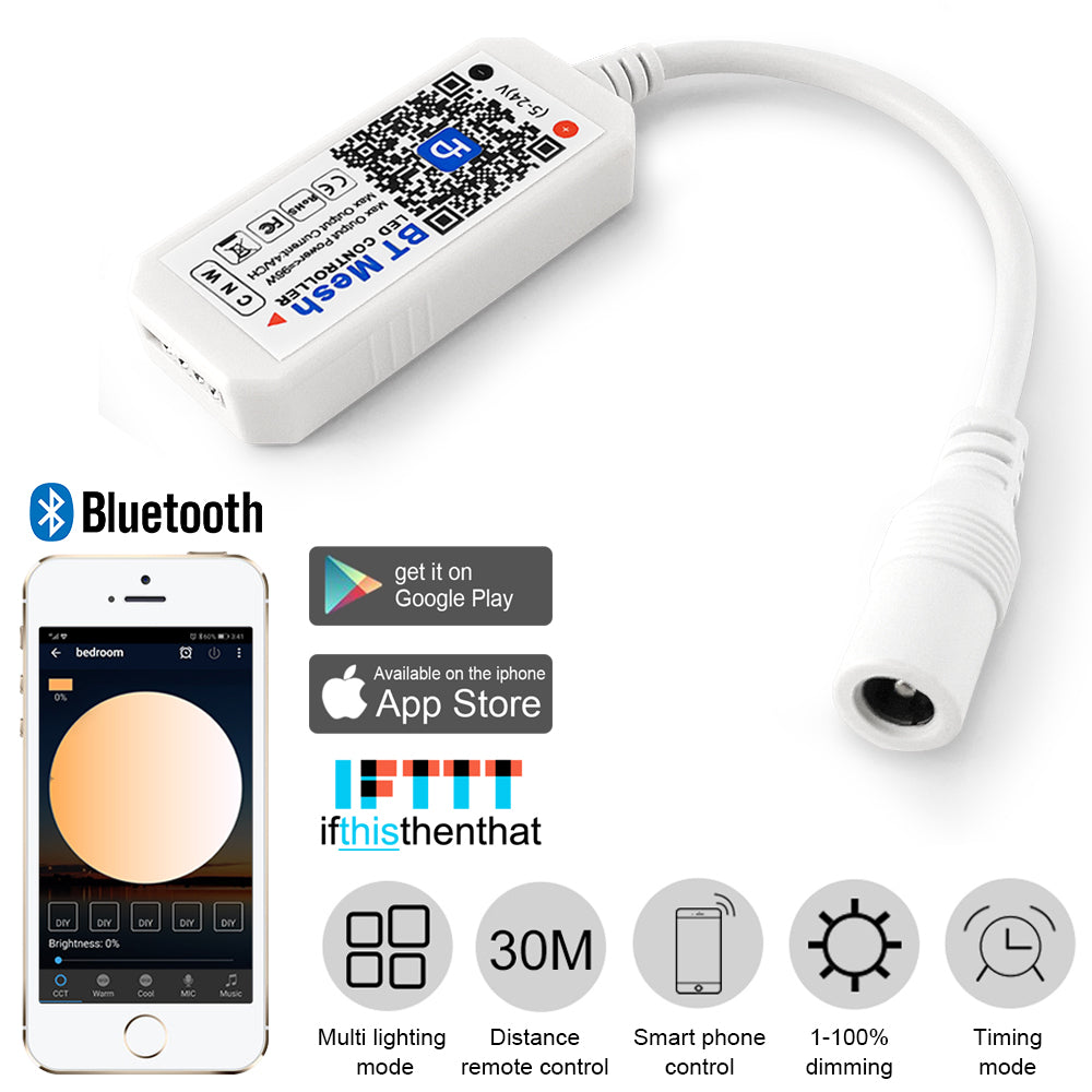 Bluetooth Mesh Dual White Led Controller, Bluetooth/App Smart Led Strip Controller for Warm White/Cool White Strips 5V-24V, CCT Color Temperature Control, Dimming, Group Control, Timing Function