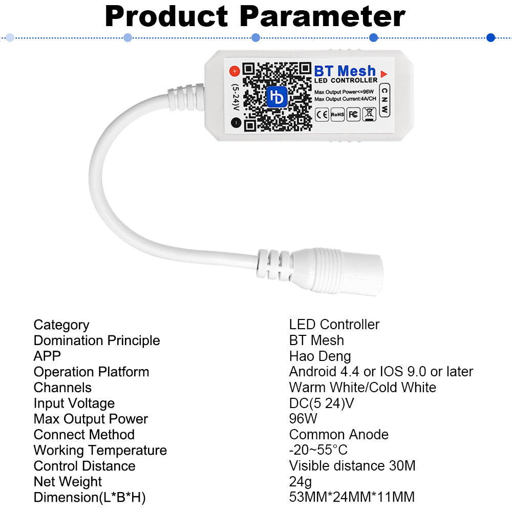 Bluetooth Mesh Dual White Led Controller, Bluetooth/App Smart Led Strip Controller for Warm White/Cool White Strips 5V-24V, CCT Color Temperature Control, Dimming, Group Control, Timing Function