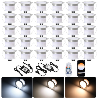 FVTLED LED Deck Lights Kit D45 Φ1.77" Low Voltage WiFi Smart Recessed RGB RGBW Warm White Deck Lighting with App/Voice Control, Waterproof IP67 Landscape In Ground Lighting for Outdoor Stairs Steps Floor Decor, Black / Silver