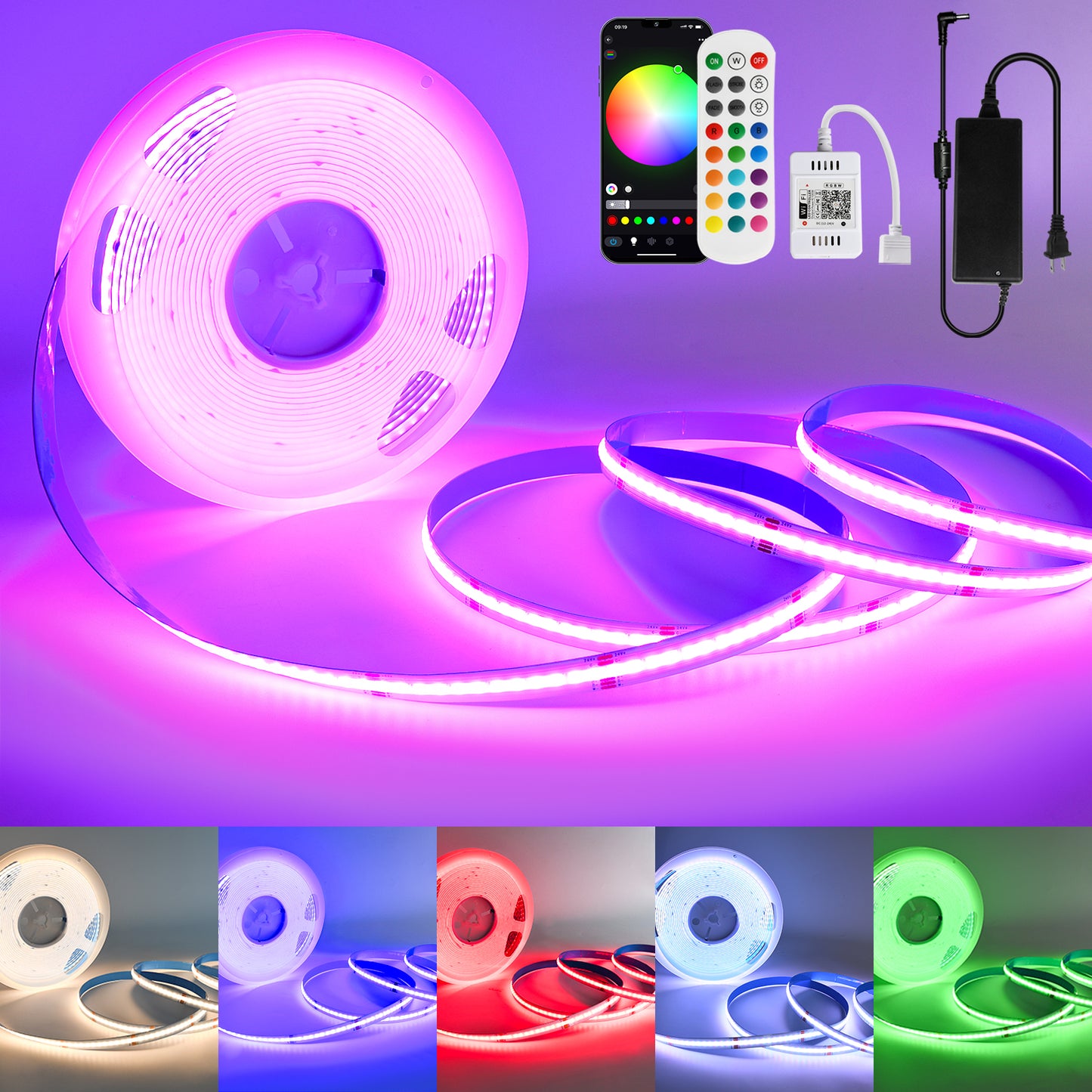 12V/24V RGB RGBW Warm White RGBIC Pixel Colors COB Led Strip Light 16.4ft/5m, 32.8ft/10m, Smart Led Strip Lights Dimmable with APP Control, Music Sync, Alexa/Google Compatible, Flexible Led Tape Light for TV Led Backlight, Room Decor