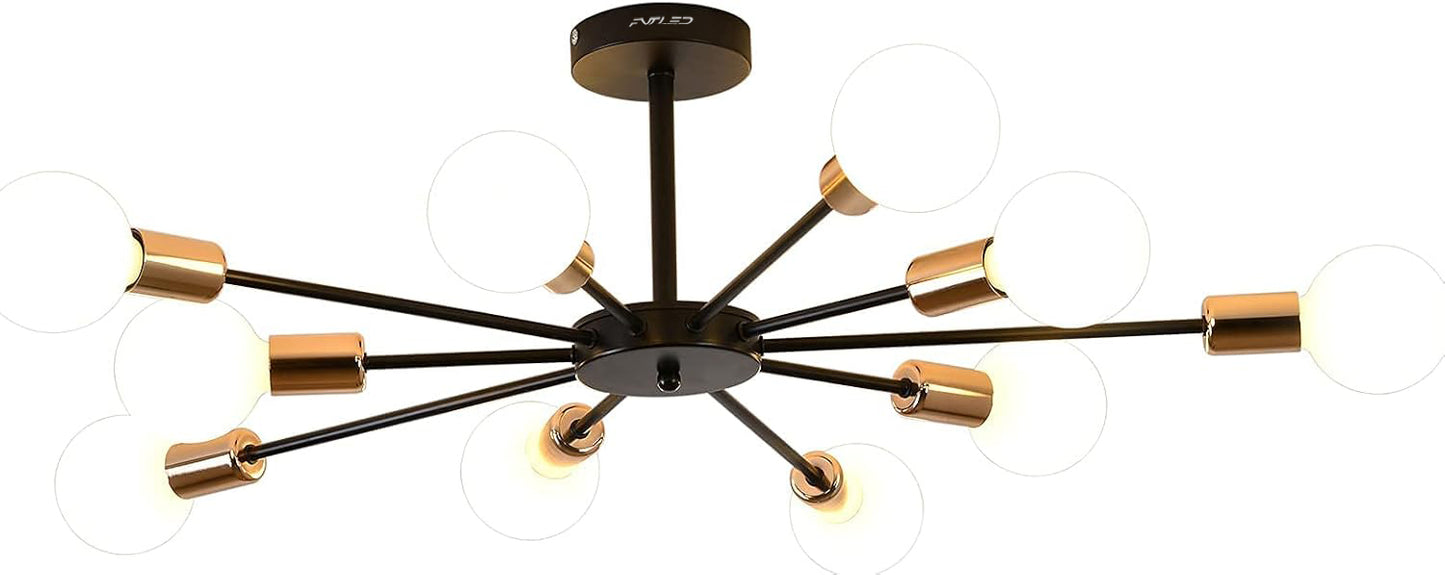 FVTLED 10-Light Semi Flush Mount Light Fixture, Black and Gold Sputnik Ceiling Light, Modern Close to Ceiling Light for Bedroom Kitchen Living Room Entryway Laundry Room