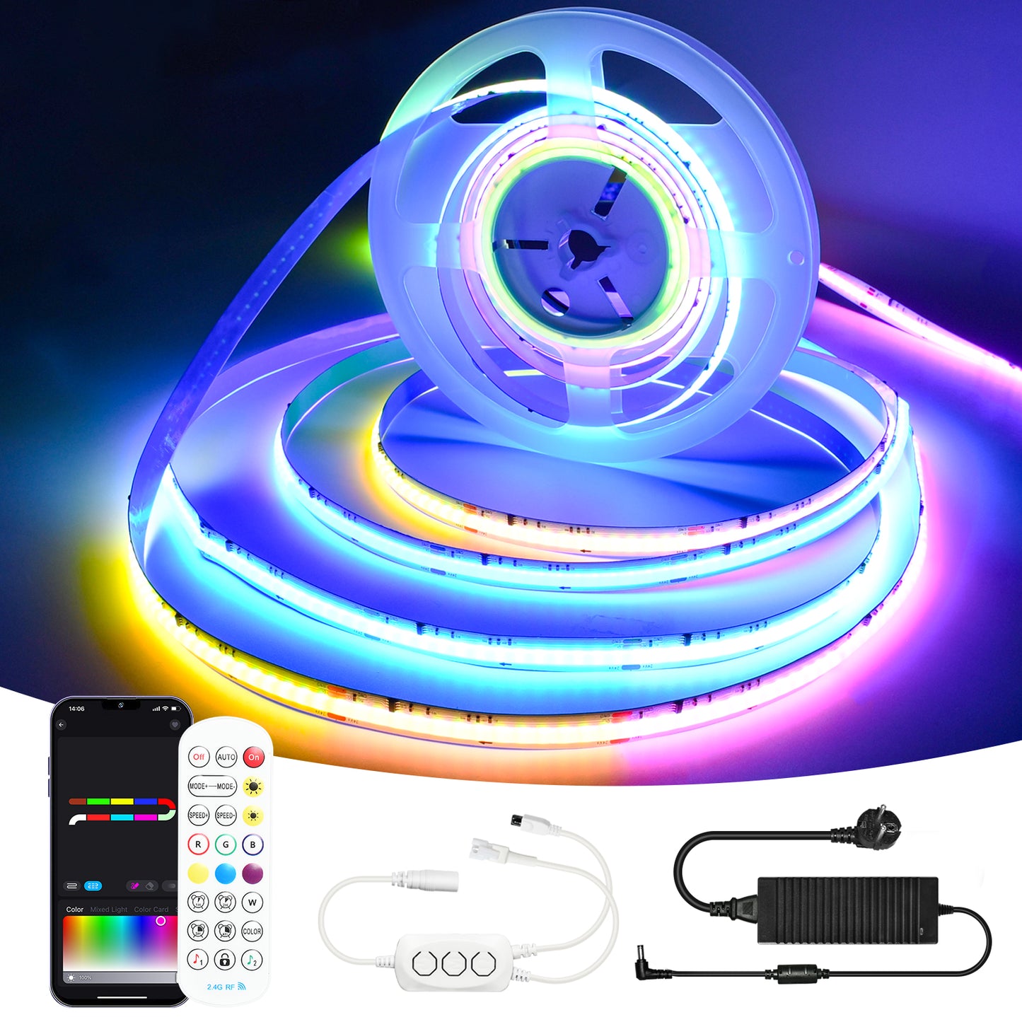 12V/24V RGB RGBW Warm White RGBIC Pixel Colors COB Led Strip Light 16.4ft/5m, 32.8ft/10m, Smart Led Strip Lights Dimmable with APP Control, Music Sync, Alexa/Google Compatible, Flexible Led Tape Light for TV Led Backlight, Room Decor