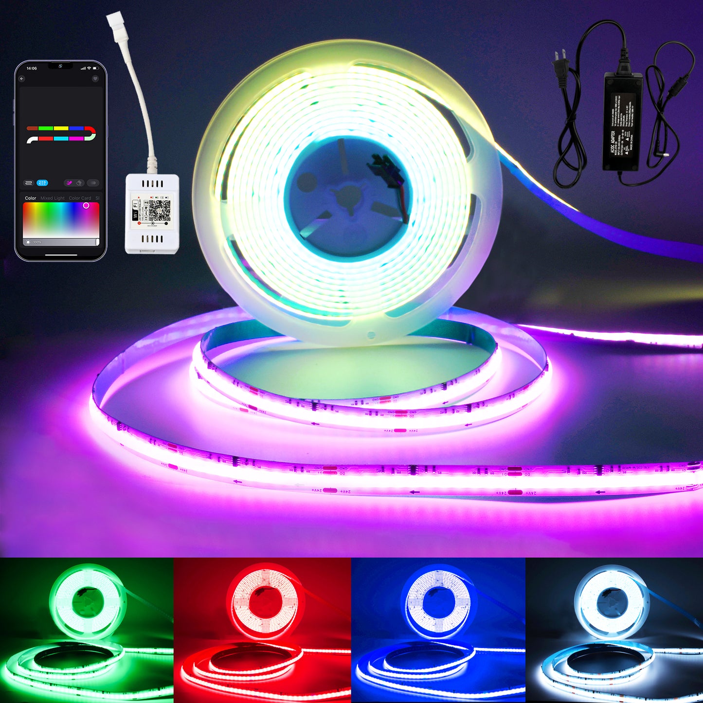 12V/24V RGB RGBW Warm White RGBIC Pixel Colors COB Led Strip Light 16.4ft/5m, 32.8ft/10m, Smart Led Strip Lights Dimmable with APP Control, Music Sync, Alexa/Google Compatible, Flexible Led Tape Light for TV Led Backlight, Room Decor