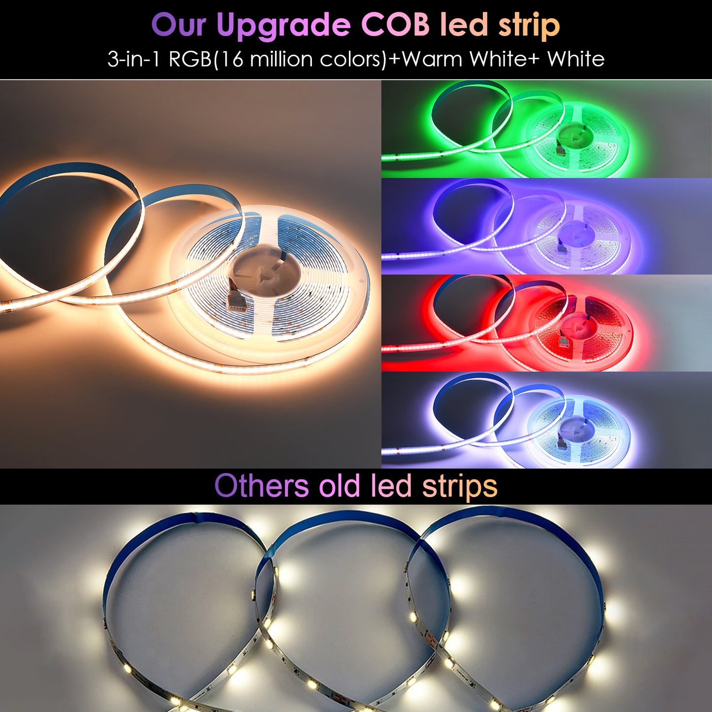 12V/24V RGB RGBW Warm White RGBIC Pixel Colors COB Led Strip Light 16.4ft/5m, 32.8ft/10m, Smart Led Strip Lights Dimmable with APP Control, Music Sync, Alexa/Google Compatible, Flexible Led Tape Light for TV Led Backlight, Room Decor