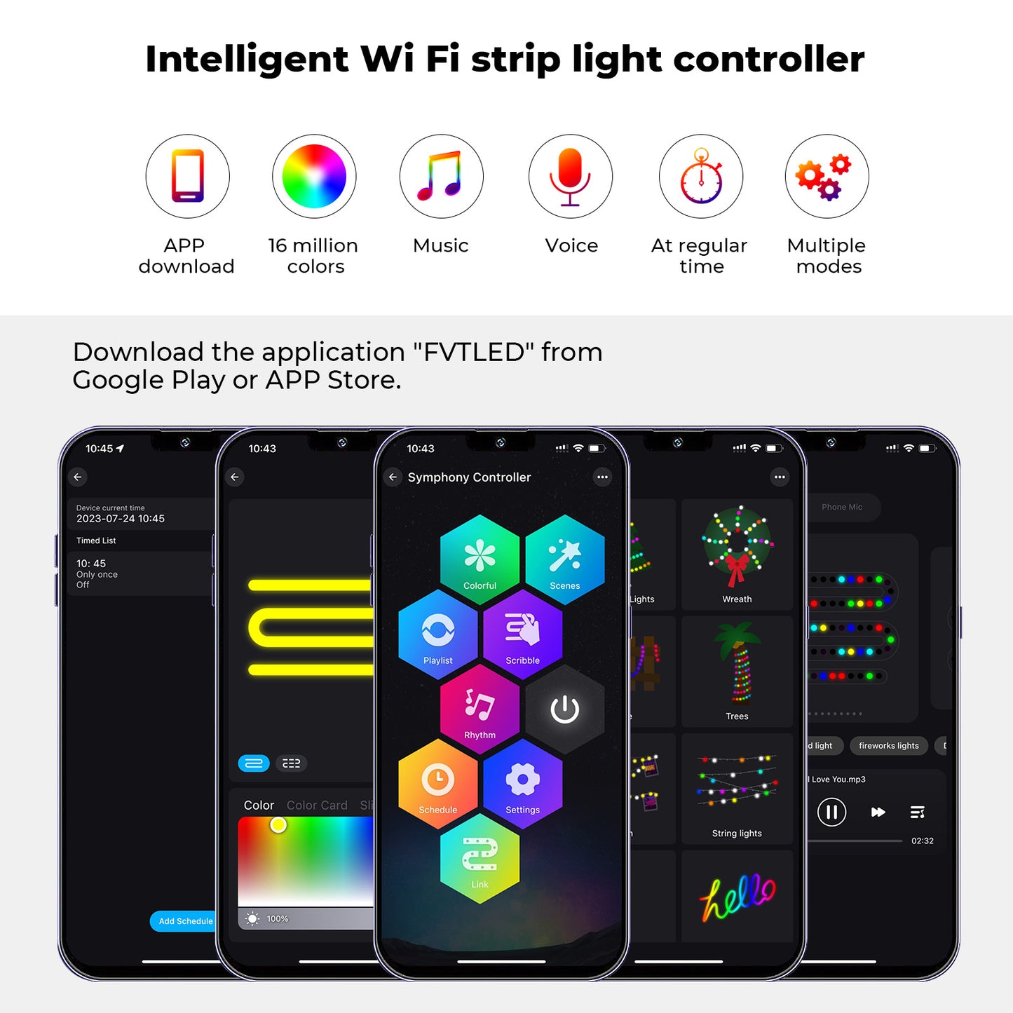 FVTLED WiFi Wireless Controller for LED Strip Lights Warm Cool White RGB RGBW Pixel RGBIC Strip Lights Music Sync Color Changing Bluetooth WiFi Controller, Android iOS , 12V-24V, APP Voice Control, Dimmable, Timing Function