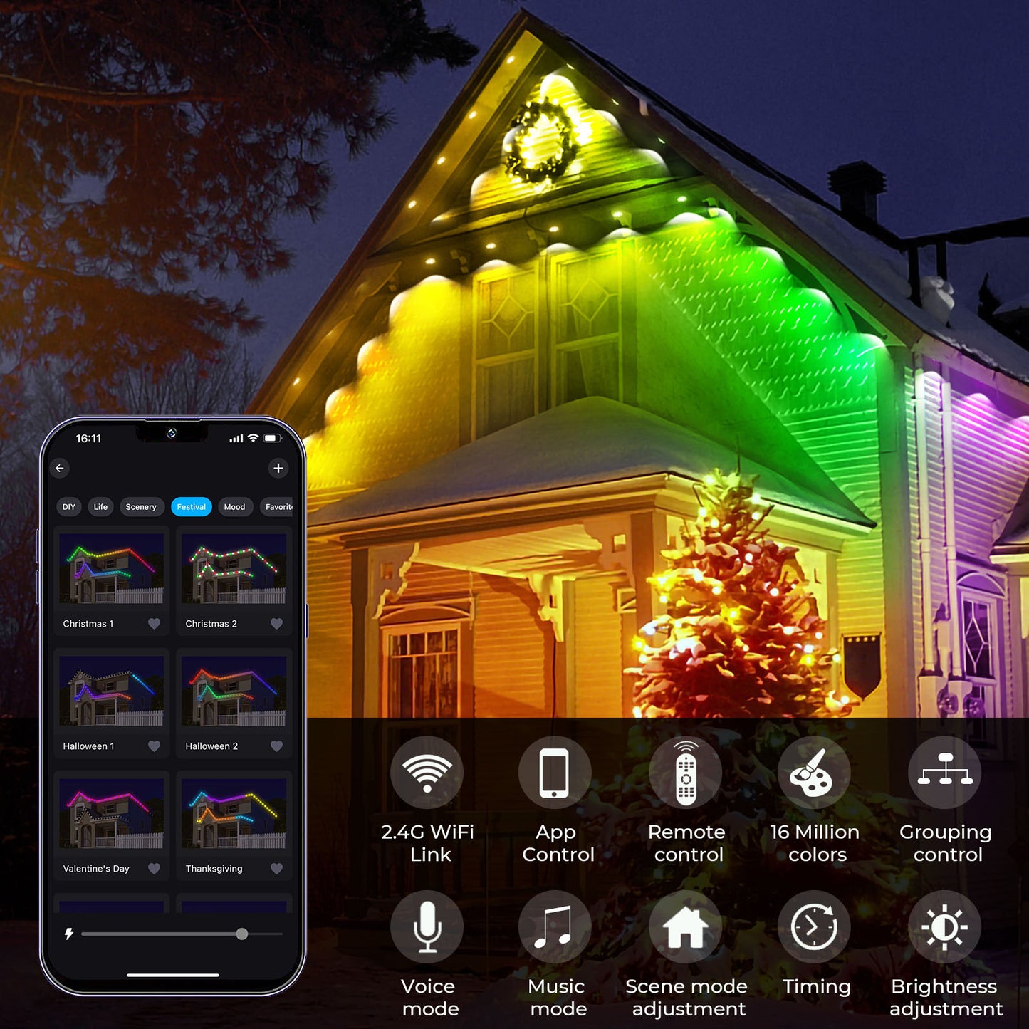 FVTLED Permanent Outdoor  String Lights, 50ft WiFi Smart Dynamic RGB+WW Multi-Color Outdoor Lights, IP65 Waterproof 36 LED Eaves Lights for Party, Christmas Day, Game Day, Daily Lighting