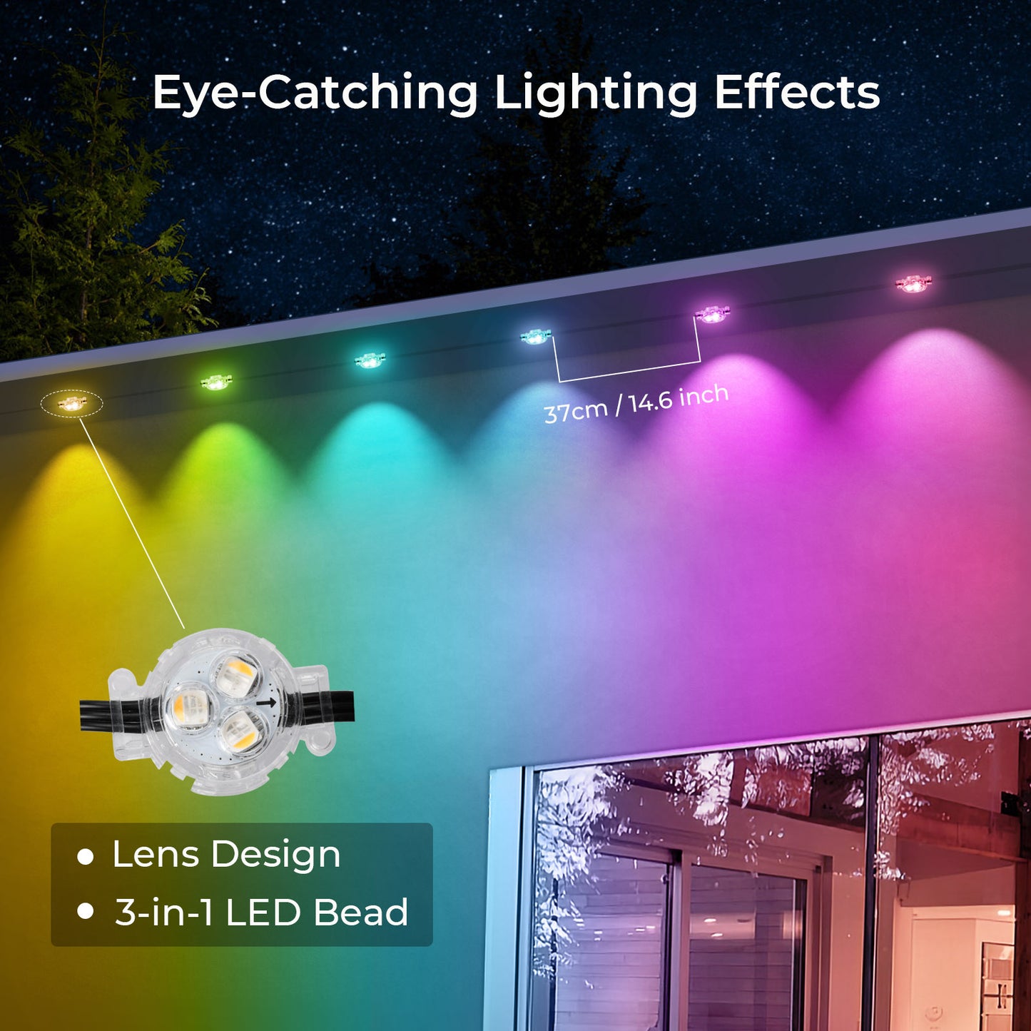 FVTLED Permanent Outdoor String Lights, 100ft WiFi Smart Dynamic RGB+WW Multi-Color Outdoor Lights, IP65 Waterproof 72 LED Eaves Lights for Party, Christmas Day, Game Day, Daily Lighting