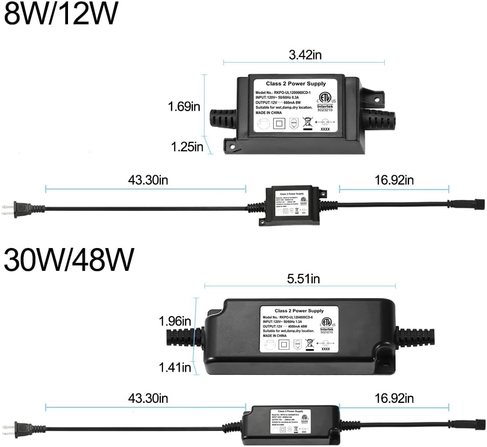 FVTLED Power Adapter, Transformer, Power Supply ETL CE  UKCA GS SAA BS Listed DC 12V 8W 12W 30W 48W US AU EU UK Plug Only Suitable for FVTLED LED Deck Lights Kit