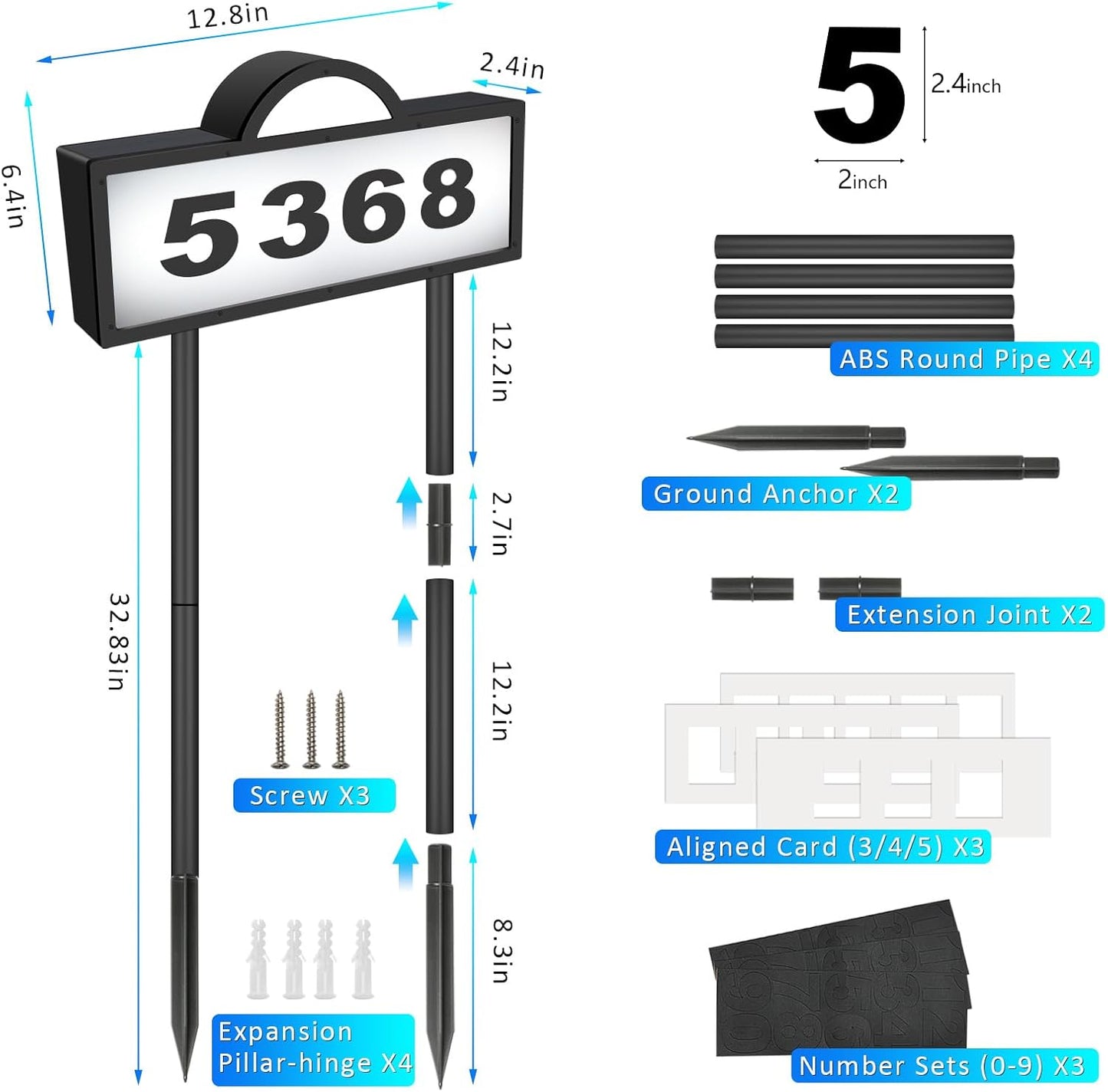 Solar House Humbers for Outside Light Up, Address Signs for House, Cool/Warm White, Address Numbers for House, Illuminated House Numbers, Yard Street Led Sign, IP65 Waterproof, Wall Mounted/In Ground