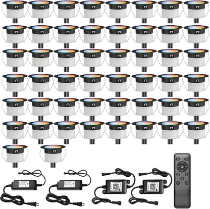 FVTLED LED Deck Lights Kit D45 Φ1.77" Low Voltage WiFi Smart Recessed RGB RGBW Warm White Deck Lighting with App/Voice Control, Waterproof IP67 Landscape In Ground Lighting for Outdoor Stairs Steps Floor Decor, Black / Silver