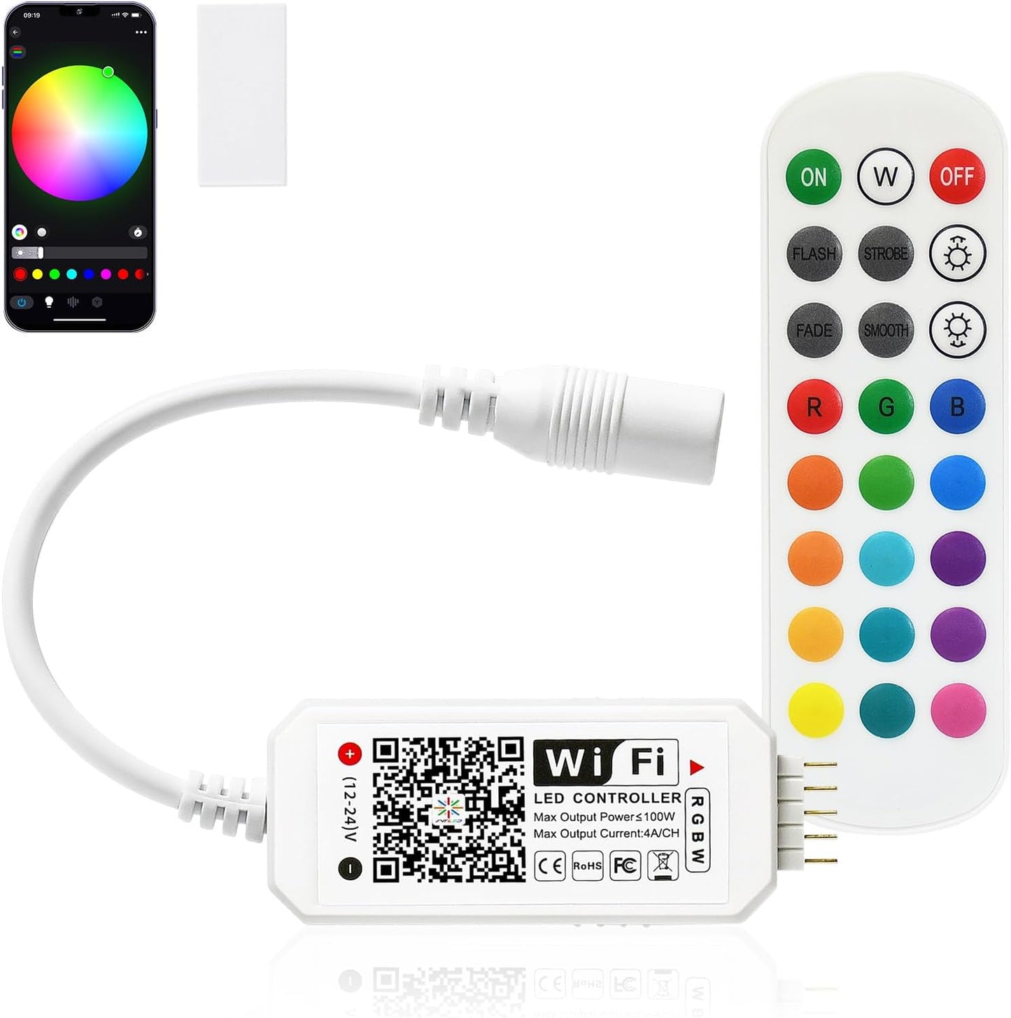 FVTLED WiFi Wireless Controller for LED Strip Lights Warm Cool White RGB RGBW Pixel RGBIC Strip Lights Music Sync Color Changing Bluetooth WiFi Controller, Android iOS , 12V-24V, APP Voice Control, Dimmable, Timing Function