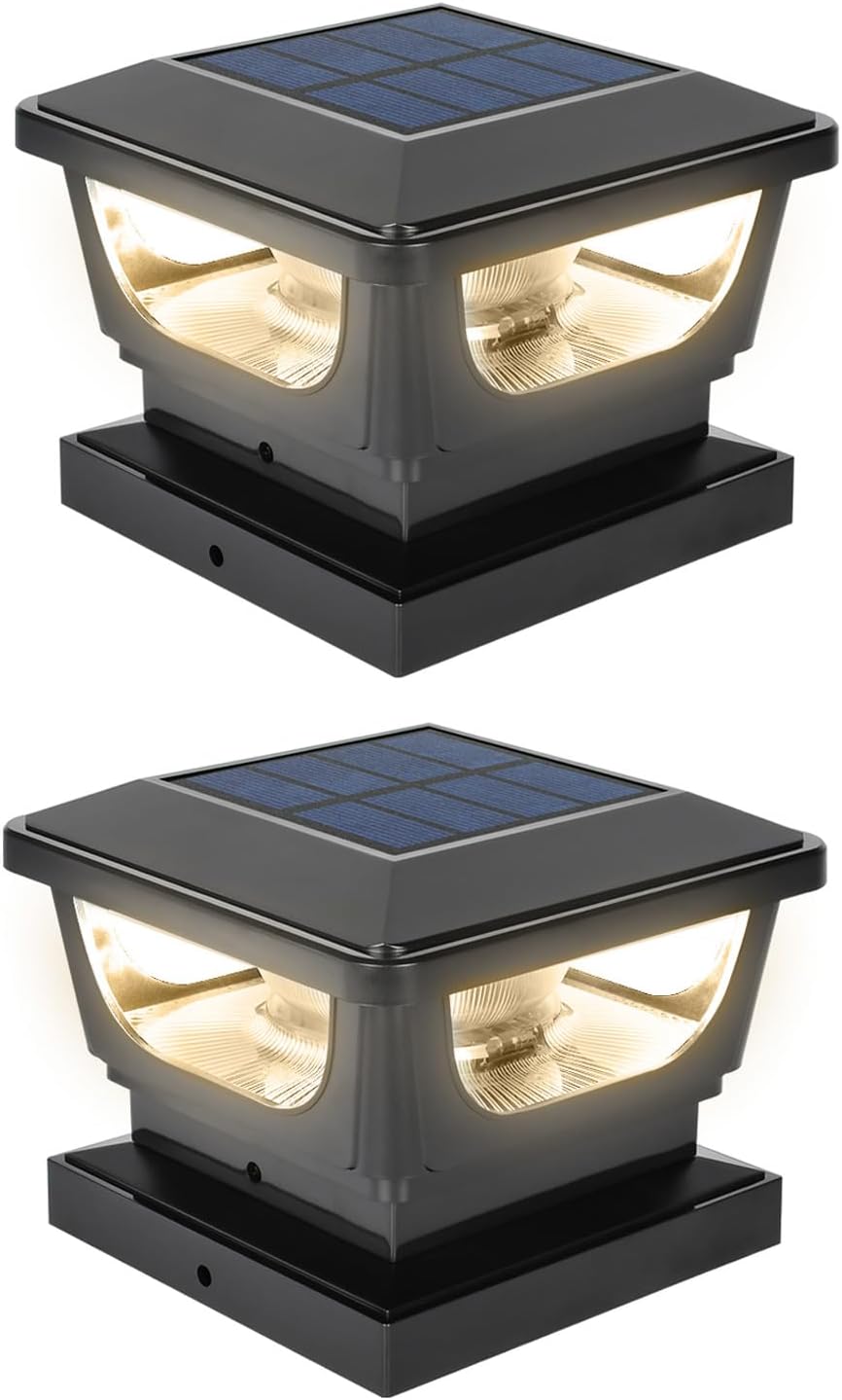 FVTLED Solar Post Lights, Outdoor Solar Post Cap Light Fits 4 x 4 Wood, 3x3 & 4x4 PCV/Vinyl Fence Posts Solar Powered Deck Light Warm White Cool White for Garden Yard Railing, IP65 Waterproof, Black / White Shell