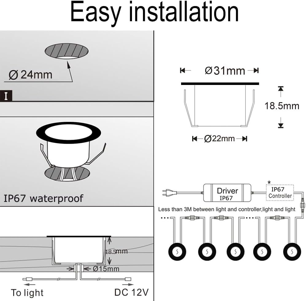 FVTLED LED Deck Lights Kit D31 Φ1.22 Low Voltage WiFi Smart Recessed RGBW Deck Lighting with App/Voice Control, Waterproof IP67 Landscape In Ground Lighting for Outdoor Stairs Steps Floor Decor, Black / Silver