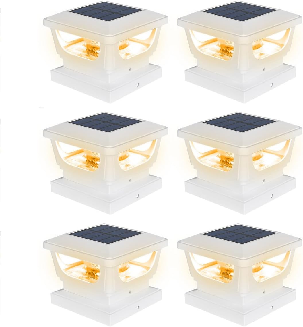 FVTLED Solar Post Lights, Outdoor Solar Post Cap Light Fits 4 x 4 Wood, 3x3 & 4x4 PCV/Vinyl Fence Posts Solar Powered Deck Light Warm White Cool White for Garden Yard Railing, IP65 Waterproof, Black / White Shell