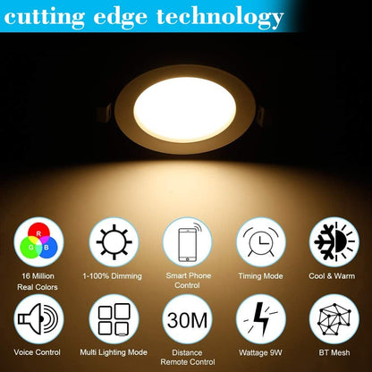 Smart LED Downlights Ceiling Lights Recessed Lighting 3 inch 4 inch, Flush Mount Ceiling Light, Can Lights 5W 9W, RGB Color Changing and 2700-6500K Dimmable CCT Warm White Cool White, for Bedroom, Living Room, Kitchen Lighting Fixtures Ceiling