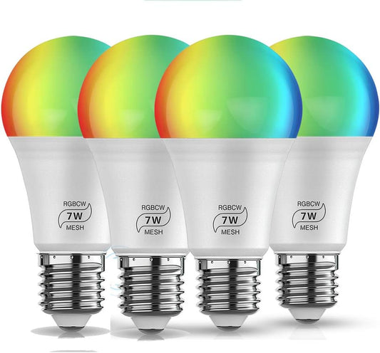 FVTLED Smart Light Bulb, 4pcs Bluetooth Mesh RGBCW Dimmable Color Changing LED WiFi Bulbs E26 7W (50W Equivalent) 500LM Multicolored RGB CCT Smart Lighting