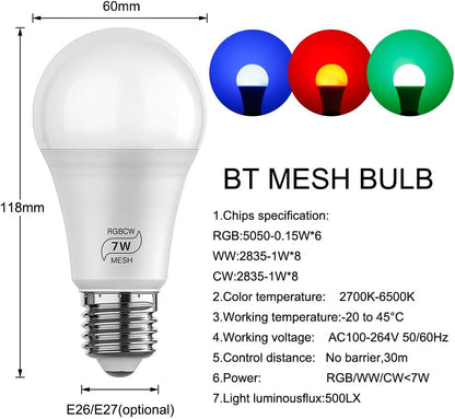 FVTLED Smart Light Bulb, 4pcs Bluetooth Mesh RGBCW Dimmable Color Changing LED WiFi Bulbs E26 7W (50W Equivalent) 500LM Multicolored RGB CCT Smart Lighting