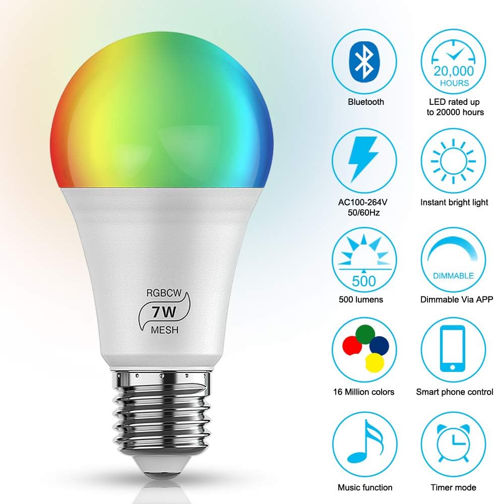 FVTLED Smart Light Bulb, 4pcs Bluetooth Mesh RGBCW Dimmable Color Changing LED WiFi Bulbs E26 7W (50W Equivalent) 500LM Multicolored RGB CCT Smart Lighting