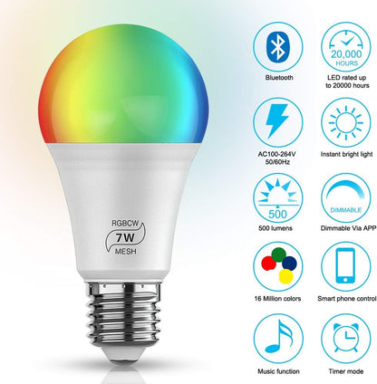 FVTLED Smart Light Bulb, 4pcs Bluetooth Mesh RGBCW Dimmable Color Changing LED WiFi Bulbs E26 7W (50W Equivalent) 500LM Multicolored RGB CCT Smart Lighting