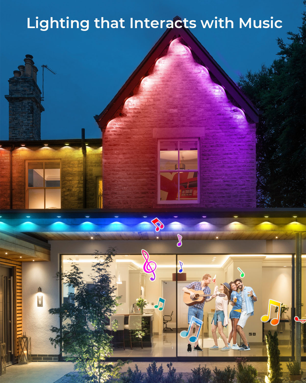 FVTLED Permanent Outdoor  String Lights, 50ft WiFi Smart Dynamic RGB+WW Multi-Color Outdoor Lights, IP65 Waterproof 36 LED Eaves Lights for Party, Christmas Day, Game Day, Daily Lighting