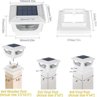 FVTLED Solar Post Lights, Outdoor Solar Post Cap Light Fits 4 x 4 Wood, 3x3 & 4x4 PCV/Vinyl Fence Posts Solar Powered Deck Light Warm White Cool White for Garden Yard Railing, IP65 Waterproof, Black / White Shell