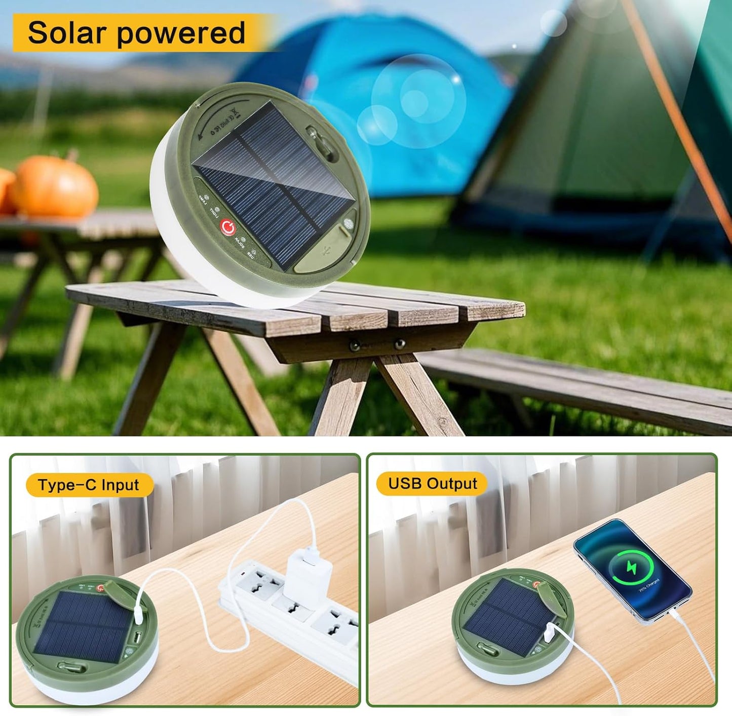 FVTLED Outdoor Solar Camping Light, 10m 20m 100 200 LED RGB Warm white Retractable String Lights, IP65 Waterproof, 10 Lighting Modes + 3 Brightness Levels, For Camping, Tents, Outdoor, Special Events