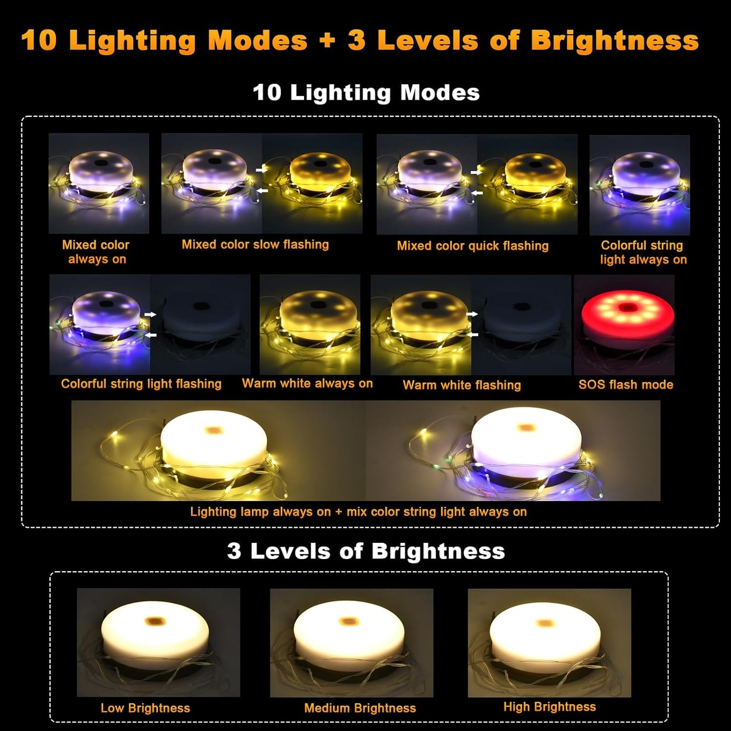 FVTLED Outdoor Solar Camping Light, 10m 20m 100 200 LED RGB Warm white Retractable String Lights, IP65 Waterproof, 10 Lighting Modes + 3 Brightness Levels, For Camping, Tents, Outdoor, Special Events