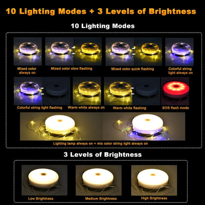 FVTLED Outdoor Solar Camping Light, 10m 20m 100 200 LED RGB Warm white Retractable String Lights, IP65 Waterproof, 10 Lighting Modes + 3 Brightness Levels, For Camping, Tents, Outdoor, Special Events