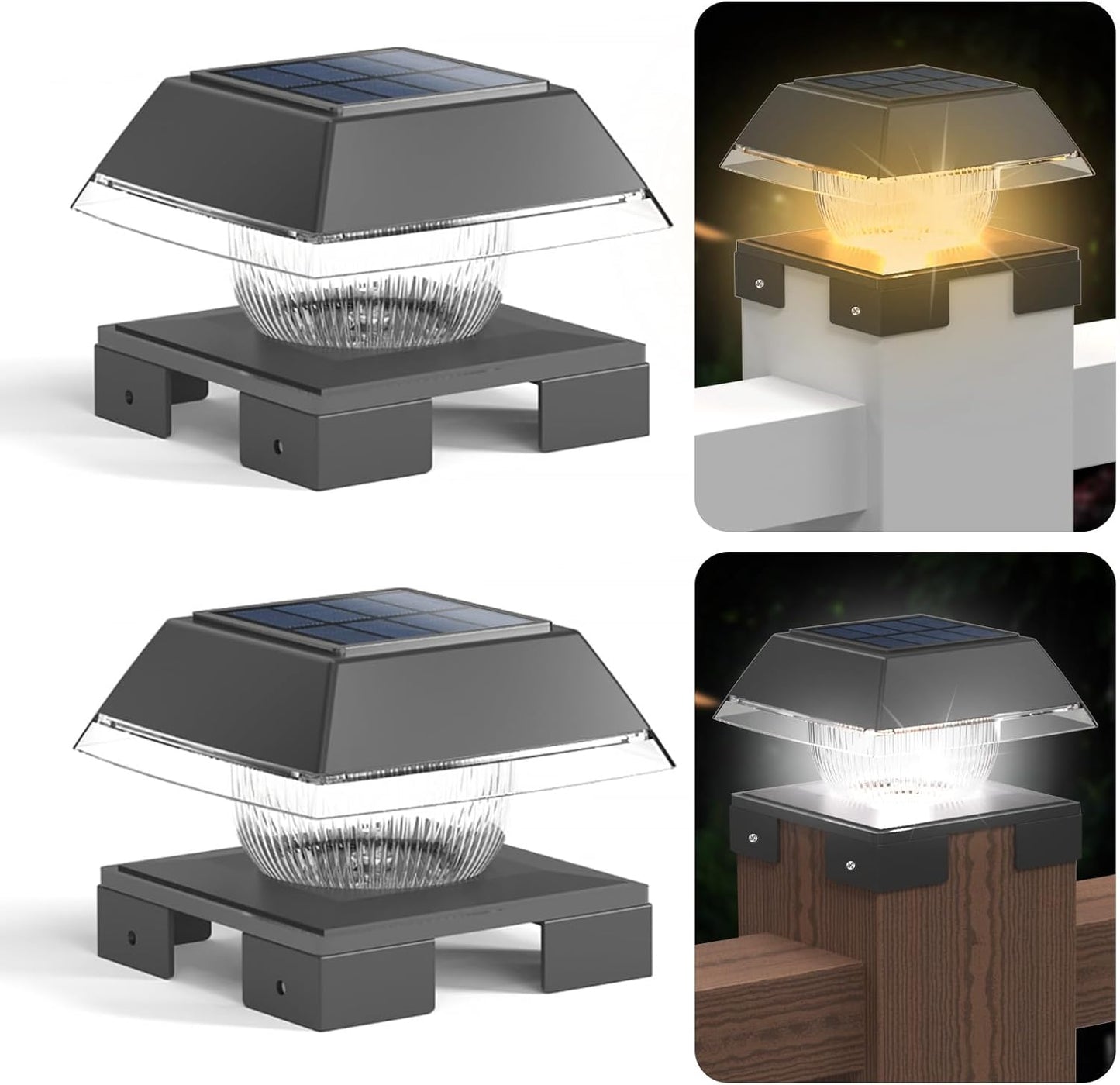 FVTLED Solar Post Cap Lights, 2-Modes 120 LM Fence Deck Post Light Solar Powered for 4x4 5x5 6x6 Wood, 4x4 Vinyl Posts, IP65 Waterproof Warm White & Cool White Garden Patio Decor, Black/White