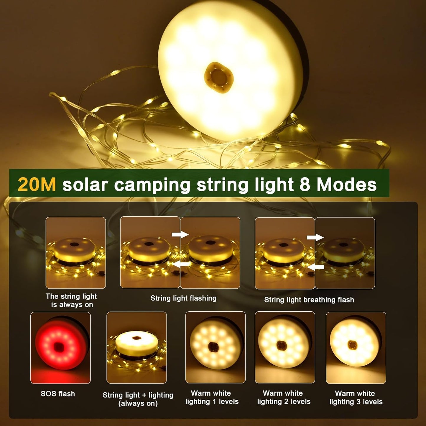 FVTLED Outdoor Solar Camping Light, 10m 20m 100 200 LED RGB Warm white Retractable String Lights, IP65 Waterproof, 10 Lighting Modes + 3 Brightness Levels, For Camping, Tents, Outdoor, Special Events