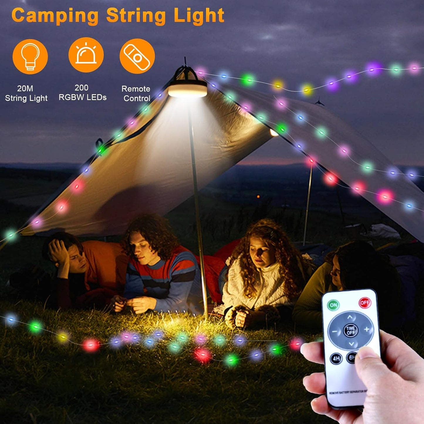 FVTLED Outdoor Solar Camping Light, 10m 20m 100 200 LED RGB Warm white Retractable String Lights, IP65 Waterproof, 10 Lighting Modes + 3 Brightness Levels, For Camping, Tents, Outdoor, Special Events