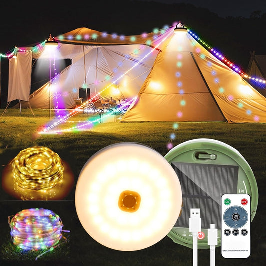 FVTLED Outdoor Solar Camping Light, 10m 20m 100 200 LED RGB Warm white Retractable String Lights, IP65 Waterproof, 10 Lighting Modes + 3 Brightness Levels, For Camping, Tents, Outdoor, Special Events