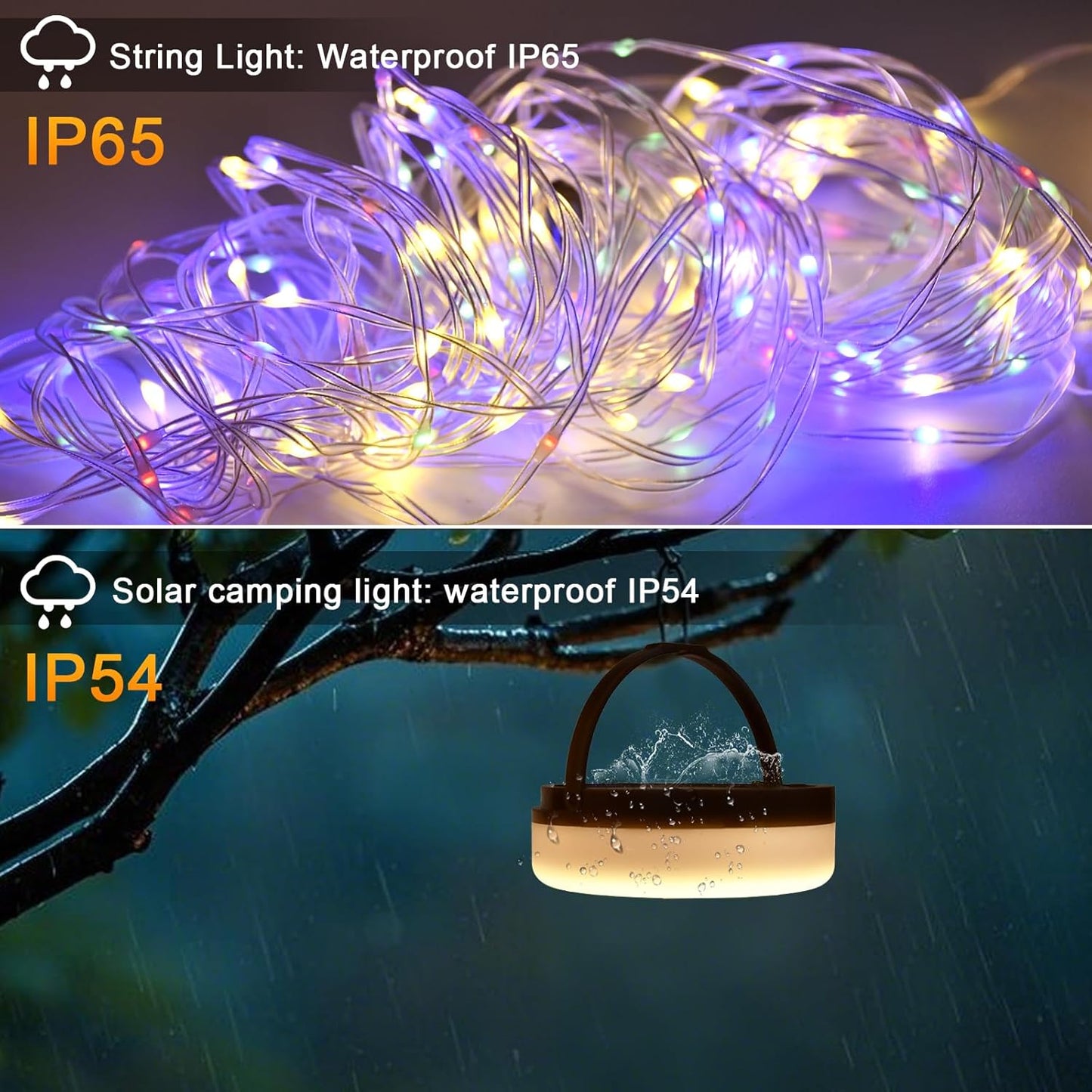 FVTLED Outdoor Solar Camping Light, 10m 20m 100 200 LED RGB Warm white Retractable String Lights, IP65 Waterproof, 10 Lighting Modes + 3 Brightness Levels, For Camping, Tents, Outdoor, Special Events