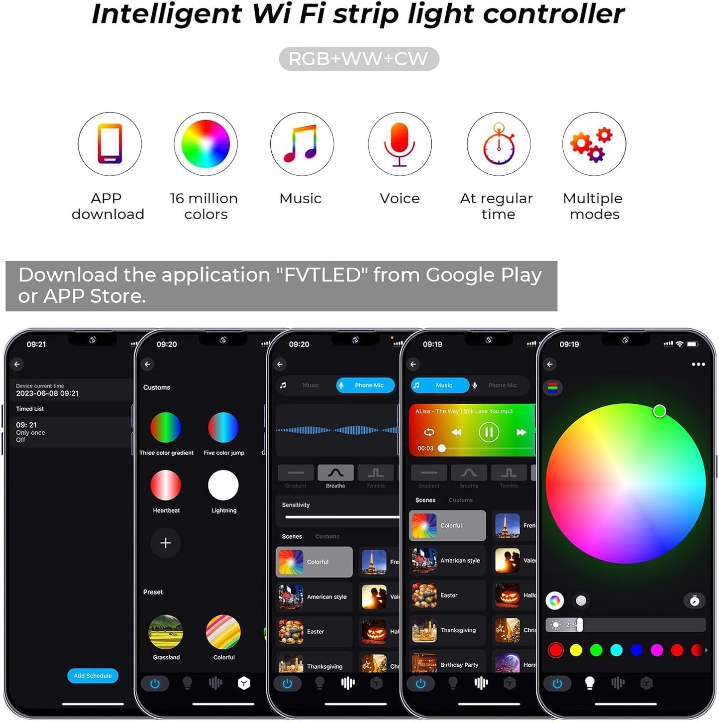 FVTLED WiFi Wireless Controller for LED Strip Lights Warm Cool White RGB RGBW Pixel RGBIC Strip Lights Music Sync Color Changing Bluetooth WiFi Controller, Android iOS , 12V-24V, APP Voice Control, Dimmable, Timing Function